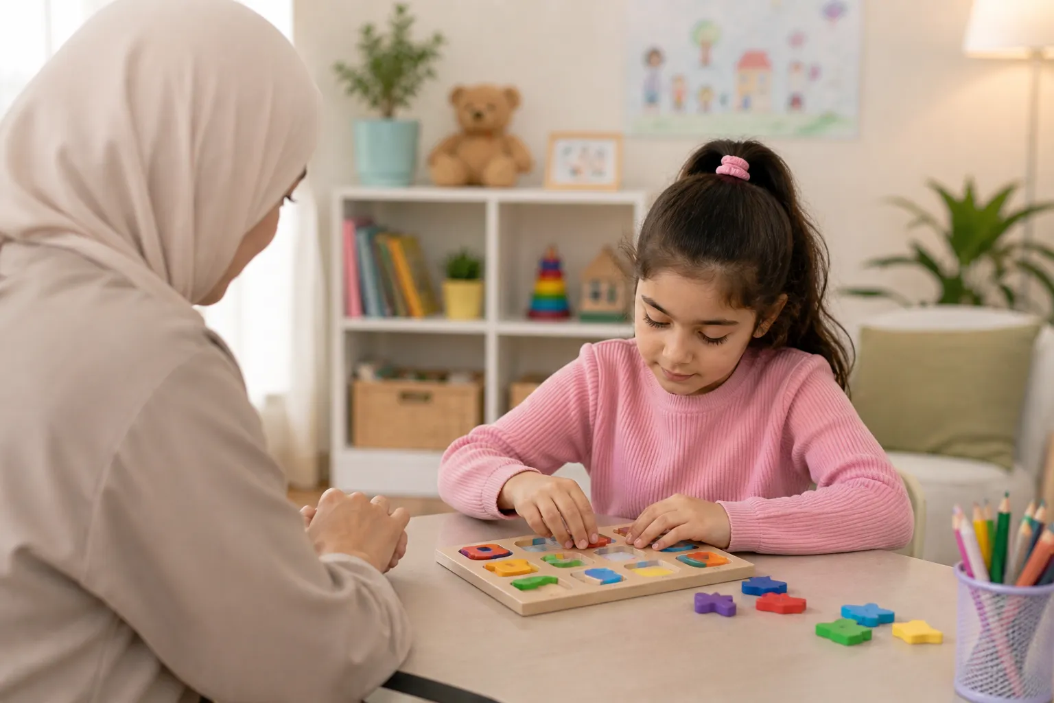 Child psychology session with Ms. Tehreem Talat, child completing puzzle assessment in Lahore clinic