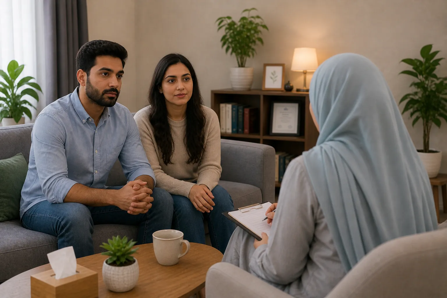 Couples therapy session with a psychologist in Lahore, husband and wife in counselling